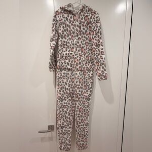 Leopard Print cozy onesie PJ’s with hood (all adult sizes S,M,L)